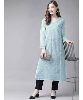 Ada Hand Embroidered Blue Cotton Lucknow Chikan Women Kurta - A411250 4