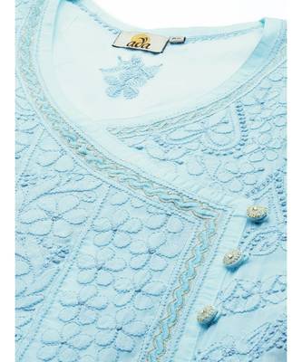 Ada Hand Embroidered Blue Cotton Lucknow Chikan Women Kurta - A411250 5