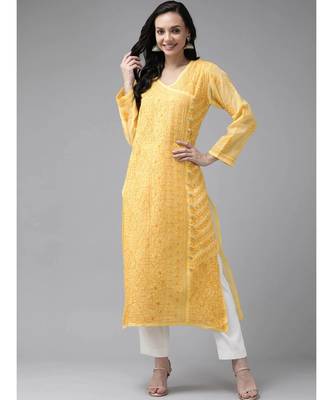 Ada Hand Embroidered Yellow Cotton Lucknow Chikan Women Kurta - A411252 1