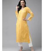 Ada Hand Embroidered Yellow Cotton Lucknow Chikan Women Kurta - A411252