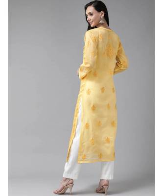 Ada Hand Embroidered Yellow Cotton Lucknow Chikan Women Kurta - A411252 2
