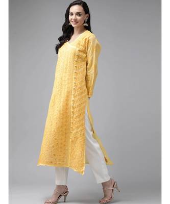 Ada Hand Embroidered Yellow Cotton Lucknow Chikan Women Kurta - A411252 3