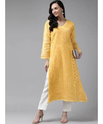 Ada Hand Embroidered Yellow Cotton Lucknow Chikan Women Kurta - A411252 4