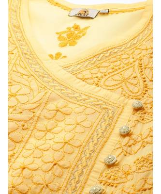Ada Hand Embroidered Yellow Cotton Lucknow Chikan Women Kurta - A411252 5