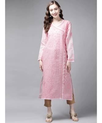 Ada Hand Embroidered Pink Cotton Lucknow Chikan Women Kurta - A411251 1
