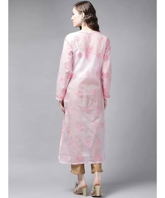 Ada Hand Embroidered Pink Cotton Lucknow Chikan Women Kurta - A411251 2