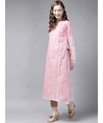 Ada Hand Embroidered Pink Cotton Lucknow Chikan Women Kurta - A411251 3