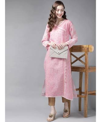 Ada Hand Embroidered Pink Cotton Lucknow Chikan Women Kurta - A411251 4