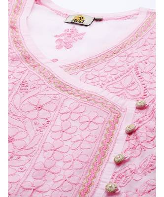Ada Hand Embroidered Pink Cotton Lucknow Chikan Women Kurta - A411251 5