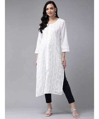Ada Hand Embroidered White Cotton Lucknow Chikan Women Kurti - A411230 1