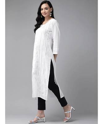 Ada Hand Embroidered White Cotton Lucknow Chikan Women Kurti - A411230 3