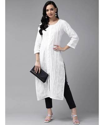 Ada Hand Embroidered White Cotton Lucknow Chikan Women Kurti - A411230 4