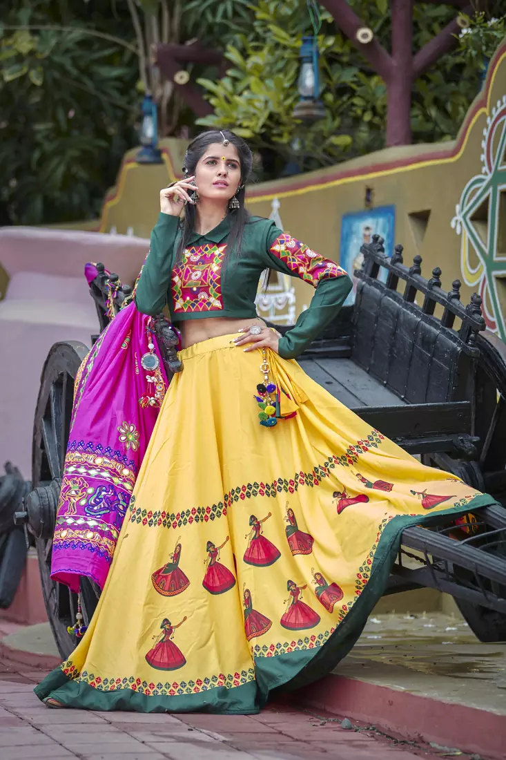 YELLOW EMBROIDERED COTTON INDIAN TRADITIONAL FESTIVAL DANDIYA RAAS GARBA SEMI STITCHED NAVRATRI LEHENGA
