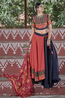 NAVY-BLUE & ORANGE EMBROIDERED COTTON INDIAN TRADITIONAL FESTIVAL DANDIYA RAAS GARBA SEMI STITCHED NAVRATRI LEHENGA