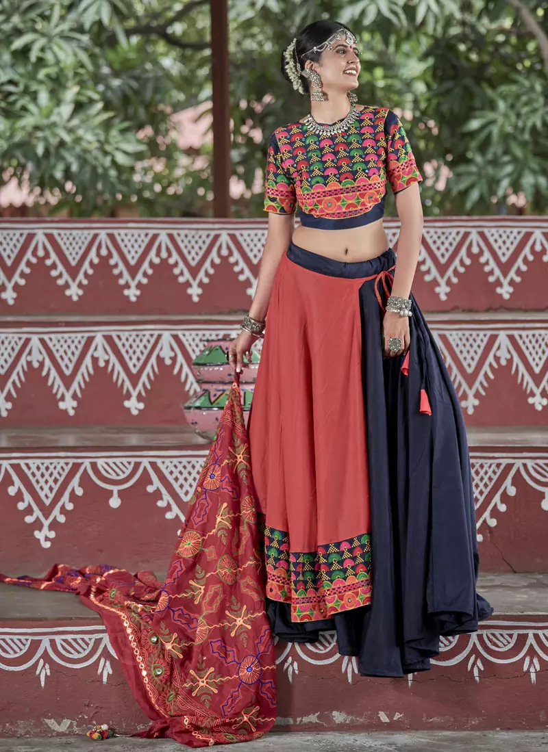 NAVY-BLUE & ORANGE EMBROIDERED COTTON INDIAN TRADITIONAL FESTIVAL DANDIYA RAAS GARBA SEMI STITCHED NAVRATRI LEHENGA