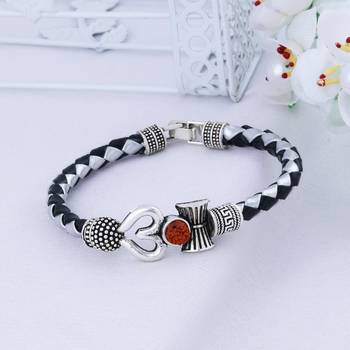Rudraksha OM Trishul Damroo Designer Silver Bahubali Leather Kada Bracelet Unisex Bracelets for Men & Women 1