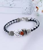 Rudraksha OM Trishul Damroo Designer Silver Bahubali Leather Kada Bracelet Unisex Bracelets for Men & Women