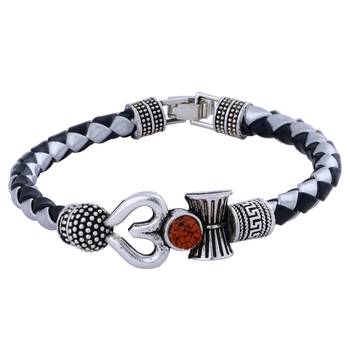 Rudraksha OM Trishul Damroo Designer Silver Bahubali Leather Kada Bracelet Unisex Bracelets for Men & Women 2