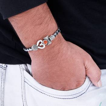 Rudraksha OM Trishul Damroo Designer Silver Bahubali Leather Kada Bracelet Unisex Bracelets for Men & Women 3