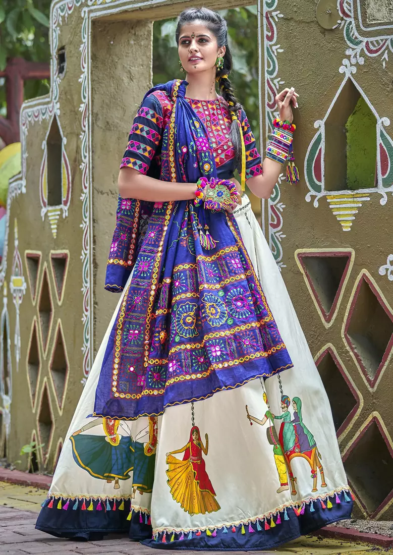 OFF-WHITE EMBROIDERED COTTON INDIAN TRADITIONAL FESTIVAL DANDIYA RAAS GARBA SEMI STITCHED NAVRATRI LEHENGA