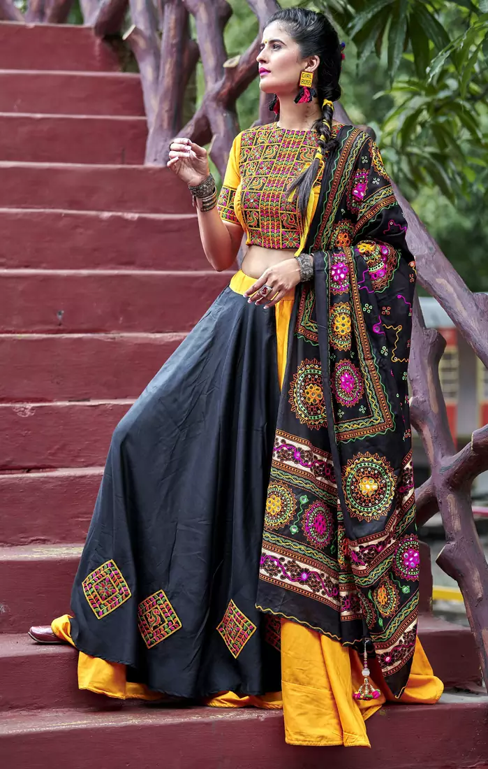 YELLOW & BLACK EMBROIDERED COTTON INDIAN TRADITIONAL FESTIVAL DANDIYA RAAS GARBA SEMI STITCHED NAVRATRI LEHENGA