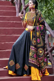 YELLOW & BLACK EMBROIDERED COTTON INDIAN TRADITIONAL FESTIVAL DANDIYA RAAS GARBA SEMI STITCHED NAVRATRI LEHENGA