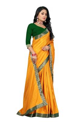 Mustard Zari Silk Plain Saree With Blouse 3