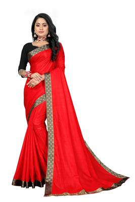 Red Silk Zari Plain Saree With Blouse  1