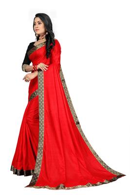 Red Silk Zari Plain Saree With Blouse  2