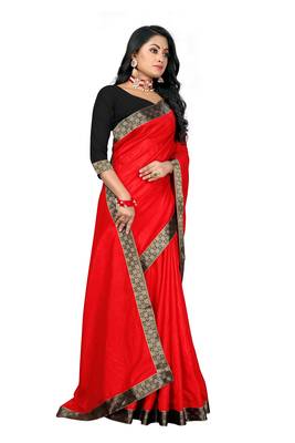 Red Silk Zari Plain Saree With Blouse  3