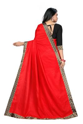 Red Silk Zari Plain Saree With Blouse  4