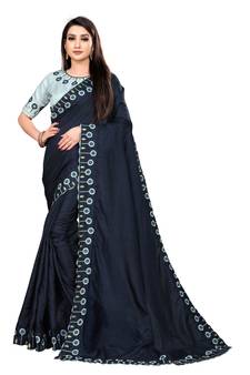 Blue Silk Embroidered Saree With Blouse