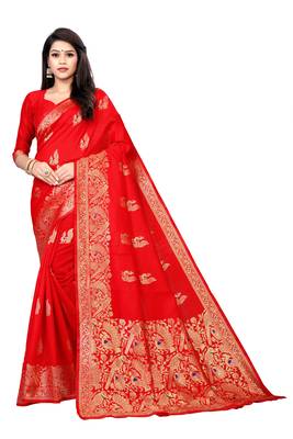 Red Silk Woven Saree With Blouse 1