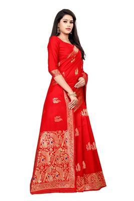 Red Silk Woven Saree With Blouse 3