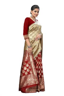 Beige Silk Woven Saree With Blouse 3