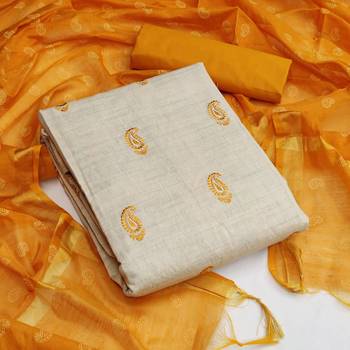 VredeVogel Orange Khadi with Embroidery   Unstiched Dress Materials 1