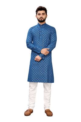 Blue printed cotton kurta-pajama 1