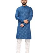 Blue printed cotton kurta-pajama