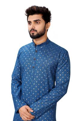 Blue printed cotton kurta-pajama 3