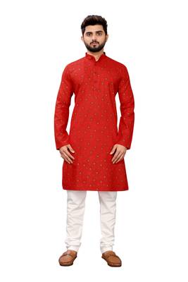 Red printed cotton kurta-pajama 1