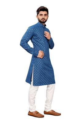 Blue printed cotton kurta-pajama 4