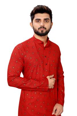 Red printed cotton kurta-pajama 3