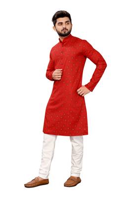 Red printed cotton kurta-pajama 4