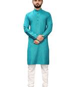 Blue printed cotton kurta-pajama