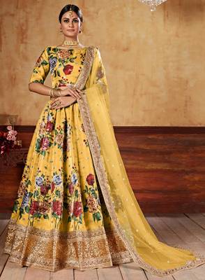 Yellow Zari Dori And Sequins Embroidered Fine Art Silk Semi Stitched Bridal Lehenga 1