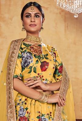 Yellow Zari Dori And Sequins Embroidered Fine Art Silk Semi Stitched Bridal Lehenga 2