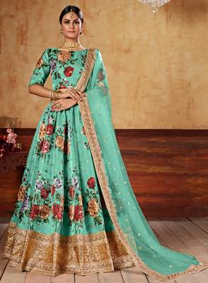 Green Zari Dori And Sequins Embroidered Fine Art Silk Semi Stitched Bridal Lehenga 1