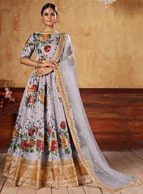 Grey Zari Dori And Sequins Embroidered Fine Art Silk Semi Stitched Bridal Lehenga 1
