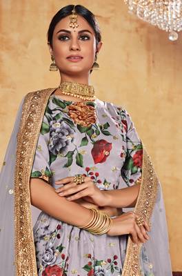 Grey Zari Dori And Sequins Embroidered Fine Art Silk Semi Stitched Bridal Lehenga 2