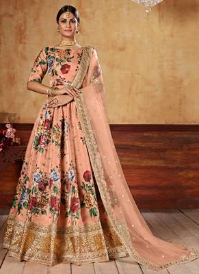 Peach Zari Dori And Sequins Embroidered Fine Art Silk Semi Stitched Bridal Lehenga 1